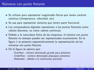 Números con punto flotante
Se utilizan para representar magnitudes fı́sicas que tienen carácter
continua (temperatura, velocidad, etc)
Se usa para representar números que tienen parte fraccional.
Las computadoras digitales representan a los puntos flotantes como
valores discretos, no como valores continuos.
Debido a la naturaleza finita de las maquinas, el número con punto
flotante no siempre pueden ser representados exactamente. En la
figura 1 se presenta esquemáticamente la representación de los
números con punto flotante
De la figura se aprecia que:
- Overflow - número demasiado grande para presentar
- Underflow - número demasiado pequepara presentar
- Redondeo - debido a la insuficiente precisión
Justo Rojas (GMCAN) FCII- L2 Mayo,2021 25 / 43
 