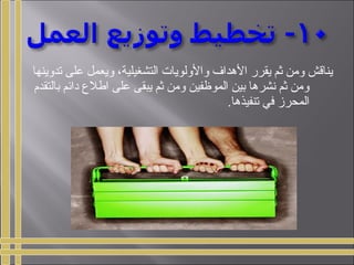 ‫تدوينها‬ ‫على‬ ‫ويعمل‬ ،‫التشغيلية‬ ‫والولويات‬ ‫الهداف‬ ‫يقرر‬ ‫ثم‬ ‫ومن‬ ‫يناقش‬
‫بالتقدم‬ ‫دائم‬ ‫اطلع‬ ‫على‬ ‫يبقى‬ ‫ثم‬ ‫ومن‬ ‫الموظفين‬ ‫بين‬ ‫نشرها‬ ‫ثم‬ ‫ومن‬
.‫تنفيذها‬ ‫في‬ ‫المحرمز‬
 