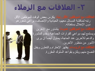 :‫رتبة‬ ‫الاقل‬ ‫الموظفين‬ ‫مع‬ ‫العلاقات‬‫القل‬ ‫للموظفين‬ ‫الوقت‬ ‫بعض‬ ‫يكرس‬
‫رشعورتهم‬ ‫يراعي‬ ،‫والصنصاف‬ ‫الحيادية‬ ،‫ةمعهم‬ ‫المسايئل‬ ‫لمناقشة‬ ‫رتبه‬
.‫بسلطاته‬ ‫الرخلل‬ ‫دون‬
:‫ا‬ً:‫عموم‬ ‫الموظفين‬ ‫مع‬ ‫العلاقات‬‫الرخرين‬ ‫ةمع‬ ‫يتشاور‬
‫المشورة‬ ‫ويقد.م‬ ‫الجماعية‬ ‫القرارات‬ ‫يراعي‬ ،‫لهم‬ ‫ويستمع‬
‫يرى‬ ‫ان‬ ‫ا‬ً ‫أيض‬ ‫يحاول‬ ،‫الحارجة‬ ‫عند‬ ‫للرخرين‬ ‫والدعم‬
.‫الرخرين‬ ‫ةمنظور‬ ‫ةمن‬ ‫الةمور‬
:‫الرؤتسا ء‬ ‫مع‬ ‫العلاقات‬‫ويقبل‬ ‫والتعاون‬ ‫الحترا.م‬ ‫يظهر‬
.‫المقررة‬ ‫السلوك‬ ‫بقواعد‬ ‫ويلتز.م‬ ‫ةمنهم‬ ‫النصح‬
 