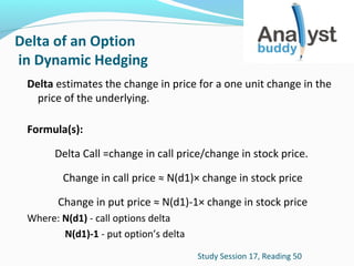 Delta of an Option
in Dynamic Hedging
Delta estimates the change in price for a one unit change in the
price of the underlying.
Formula(s):
Delta Call =change in call price/change in stock price.
Change in call price ≈ N(d1)× change in stock price
Change in put price ≈ N(d1)-1× change in stock price
Where: N(d1) - call options delta
N(d1)-1 - put option’s delta
Study Session 17, Reading 50

 
