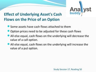 Effect of Underlying Asset's Cash
Flows on the Price of an Option
Some assets have cash flows attached to them
Option prices need to be adjusted for these cash flows
All else equal, cash flows on the underlying will decrease the

value of a call option.
All else equal, cash flows on the underlying will increase the
value of a put option.

Study Session 17, Reading 50

 
