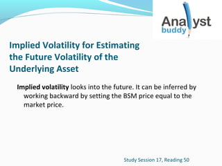Implied Volatility for Estimating
the Future Volatility of the
Underlying Asset
Implied volatility looks into the future. It can be inferred by
working backward by setting the BSM price equal to the
market price.

Study Session 17, Reading 50

 