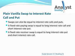 Plain Vanilla Swap to Interest Rate
Call and Put
Swaps can also be equal to interest rate calls and puts.
A fixed rate paying swap is equal to long interest rate call and

short interest rate put.
A fixed rate receiver swap is equal to long interest rate put
and short interest rate call.

Study Session 17, Reading 51

 