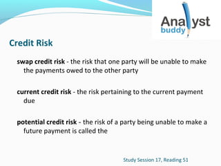 Credit Risk
swap credit risk - the risk that one party will be unable to make
the payments owed to the other party
current credit risk - the risk pertaining to the current payment
due
potential credit risk - the risk of a party being unable to make a
future payment is called the

Study Session 17, Reading 51

 