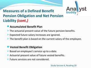 Measures of a Defined Benefit
Pension Obligation and Net Pension
Liability (cont.)
Accumulated Benefit Plan
 The actuarial present value of the future pension benefits.
 Expected future salary increases are ignored.
 The benefit plan is based on the current salary of the employee.

Vested Benefit Obligation
 Based on employee’s service up to a date.
 Actuarial present value of future vested benefits.
 Future services are not considered.
Study Session 6, Reading 20

 