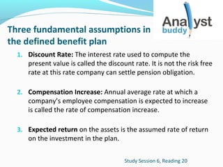 Three fundamental assumptions in
the defined benefit plan
1. Discount Rate: The interest rate used to compute the

present value is called the discount rate. It is not the risk free
rate at this rate company can settle pension obligation.

2. Compensation Increase: Annual average rate at which a

company’s employee compensation is expected to increase
is called the rate of compensation increase.

3. Expected return on the assets is the assumed rate of return

on the investment in the plan.

Study Session 6, Reading 20

 