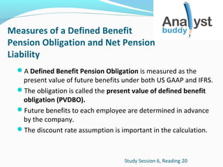 Measures of a Defined Benefit
Pension Obligation and Net Pension
Liability
A Defined Benefit Pension Obligation is measured as the

present value of future benefits under both US GAAP and IFRS.
The obligation is called the present value of defined benefit
obligation (PVDBO).
Future benefits to each employee are determined in advance
by the company.
The discount rate assumption is important in the calculation.

Study Session 6, Reading 20

 