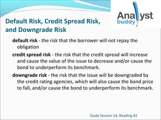 Default Risk, Credit Spread Risk,
and Downgrade Risk
default risk - the risk that the borrower will not repay the
obligation
credit spread risk - the risk that the credit spread will increase
and cause the value of the issue to decrease and/or cause the
bond to underperform its benchmark.
downgrade risk - the risk that the issue will be downgraded by
the credit rating agencies, which will also cause the bond price
to fall, and/or cause the bond to underperform its benchmark.

Study Session 14, Reading 42

 