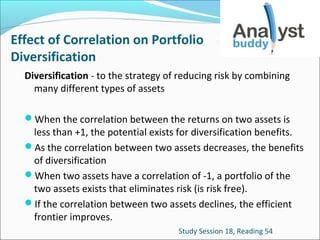Effect of Correlation on Portfolio
Diversification
Diversification - to the strategy of reducing risk by combining
many different types of assets
When the correlation between the returns on two assets is

less than +1, the potential exists for diversification benefits.
As the correlation between two assets decreases, the benefits
of diversification
When two assets have a correlation of -1, a portfolio of the
two assets exists that eliminates risk (is risk free).
If the correlation between two assets declines, the efficient
frontier improves.
Study Session 18, Reading 54

 