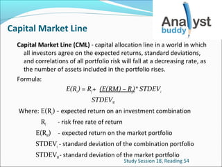 Capital Market Line
Capital Market Line (CML) - capital allocation line in a world in which
all investors agree on the expected returns, standard deviations,
and correlations of all portfolio risk will fall at a decreasing rate, as
the number of assets included in the portfolio rises.
Formula:
E(Rc) = Rf + (E(RM) – Rf)* STDEVc
STDEVM
Where: E(Rc) - expected return on an investment combination
Rf
E(RM)

- risk free rate of return
- expected return on the market portfolio

STDEVc - standard deviation of the combination portfolio
STDEVM - standard deviation of the market portfolio

Study Session 18, Reading 54

 
