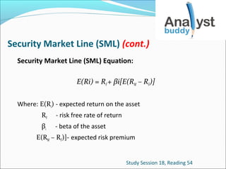 Security Market Line (SML) (cont.)
Security Market Line (SML) Equation:
E(Ri) = RF + βi[E(RM – RF)]
Where: E(Ri) - expected return on the asset
RF

- risk free rate of return

βi

- beta of the asset

E(RM – RF)]- expected risk premium
Study Session 18, Reading 54

 
