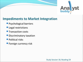Impediments to Market Integration
Psychological barriers
Legal restrictions
Transaction costs
Discriminatory taxation
Political risks
Foreign currency risk

Study Session 18, Reading 54

 