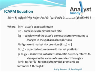 ICAPM Equation
E(r)= Rf +(βg×MrPg )+(g1×FcrP1)+(g2×FcrP2 )+...........+(gk ×FcrPk )
Where: E(r) - asset’s expected return
Rrf - domestic currency risk-free rate
βg - sensitivity of the asset’s domestic currency returns to
changes in the global market portfolio
MrPg - world market risk premium [E(rm ) - r ]
E(r m) - expected return on world market portfolio
g1 to gk - sensitivities of asset’s domestic currency returns to
changes in the values of currencies 1 through k
FcrP1 to FcrPk - foreign currency risk premiums on
currencies 1 through k
Study Session 18, Reading 62

 