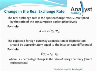 Change in the Real Exchange Rate
The real exchange rate is the spot exchange rate, S, multiplied
by the ratio of the consumption basket price levels
Formula:
X = S × (PFC /PDC)
The expected foreign currency appreciation or depreciation
should be approximately equal to the interest rate differential
Formula:
E(s) = rDC - rFC,
where: s - percentage change in the price of foreign currency (direct
exchange rate)
Study Session 18, Reading 62

 