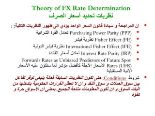 Theory of FX Rate Determination
‫الصرف‬ ‫أسعار‬ ‫تحديد‬ ‫نظريات‬
•
‫التالي‬ ‫النظريات‬ ‫ظهور‬ ‫الى‬ ‫يؤدي‬ ‫الواحد‬ ‫السعر‬ ‫قانون‬ ‫سيادة‬ ‫و‬ ‫المراجحة‬ ‫ان‬
‫ة‬
:
:
•
Purchasing Power Parity (PPP)
‫الشرائية‬ ‫القوة‬ ‫تعادل‬
•
Fisher Effect (FE)
‫فيشر‬ ‫نظرية‬
•
International Fisher Effect (IFE)
‫الدولية‬ ‫فيشر‬ ‫نظرية‬
•
Interest Rate Parity (IRP)
‫الفائدة‬ ‫أسعار‬ ‫تعادل‬
•
Forwards Rates as Unbiased Predictors of Future Spot
Rates (UFR)
‫األسعار‬ ‫عليه‬ ‫ستكون‬ ‫لما‬ ‫مؤشر‬ ‫كأفضل‬ ‫اآلجلة‬ ‫األسعار‬
‫المستقبلية‬ ‫اآلنية‬
•
‫شروط‬
Conditions
:
‫ت‬ ‫توفر‬ ‫ينبغي‬ ‫فعالة‬ ‫السابقة‬ ‫النظريات‬ ‫تكون‬ ‫حتى‬
‫فاعل‬
‫بتدخل‬ ‫الحكومية‬ ‫القرارات‬ ‫تعطل‬ ‫ال‬ ‫ان‬ ‫و‬ ‫النقد‬ ‫سوق‬ ‫و‬ ‫العمالت‬ ‫سوق‬ ‫بين‬
‫من‬ ‫ها‬
‫للجميع‬ ‫متاحة‬ ‫المعلومات‬ ‫تكون‬ ‫ان‬ ‫و‬ ‫السوق‬ ‫اليات‬
.
‫حرة‬ ‫األسواق‬ ‫أن‬ ‫بمعنى‬
‫و‬
‫كفؤة‬
 