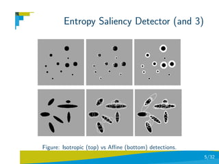 Entropy Saliency Detector (and 3)




Figure: Isotropic (top) vs Aﬃne (bottom) detections.
                                                       5/32
 