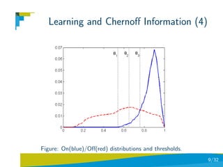 Learning and Chernoﬀ Information (4)




Figure: On(blue)/Oﬀ(red) distributions and thresholds.
                                                         9/32
 