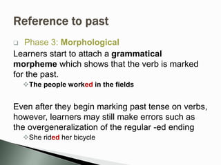  Phase 3: Morphological
Learners start to attach a grammatical
morpheme which shows that the verb is marked
for the past.
The people worked in the fields
Even after they begin marking past tense on verbs,
however, learners may still make errors such as
the overgeneralization of the regular -ed ending
She rided her bicycle
 