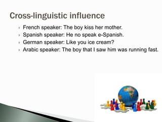  French speaker: The boy kiss her mother.
 Spanish speaker: He no speak e-Spanish.
 German speaker: Like you ice cream?
 Arabic speaker: The boy that I saw him was running fast.
 