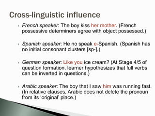  French speaker: The boy kiss her mother. (French
possessive determiners agree with object possessed.)
 Spanish speaker: He no speak e-Spanish. (Spanish has
no initial consonant clusters [sp-].)
 German speaker: Like you ice cream? (At Stage 4/5 of
question formation, learner hypothesizes that full verbs
can be inverted in questions.)
 Arabic speaker: The boy that I saw him was running fast.
(In relative clauses, Arabic does not delete the pronoun
from its ‘original’ place.)
 