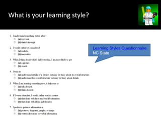 What is your learning style?
Learning Styles Questionnaire
NC State
 