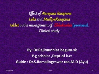 Effect of NavayasaRasayana
Lehaand MedhyaRasayana
tablet in the management of Ekkakushta(psoriasis).
Clinical study.
By: Dr.Rajimunnisa begum.sk
P.g scholar ,Dept.of k.c:
Guide : Dr.S.Ramalingeswar rao.M.D (Ayu)
16-Dec-14 1k.C dept
 