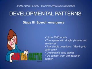 SOME ASPECTS ABOUT SECOND LANGUAGE ACQUISTION



DEVELOPMENTAL PATTERNS
      Stage III: Speech emergence



                       Up to 3000 words
                       Can speak with simple phrases and
                       sentences
                       Ask simple questions : “May I go to
                       bathroom?
                       Understand easy stories
                       Do content work with teacher
                       support
 