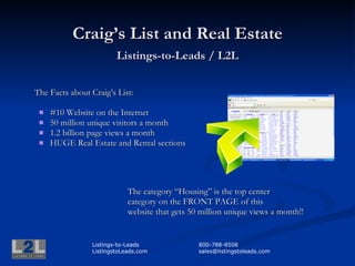Craig’s List and Real Estate Listings-to-Leads / L2L ,[object Object],[object Object],[object Object],[object Object],[object Object],[object Object],[object Object],[object Object],Listings-to-Leads 800-788-8508 ListingstoLeads.com [email_address] 