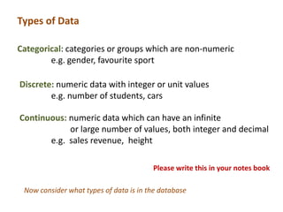 Types of Data

Categorical: categories or groups which are non-numeric
        e.g. gender, favourite sport

Discrete: numeric data with integer or unit values
        e.g. number of students, cars

Continuous: numeric data which can have an infinite
            or large number of values, both integer and decimal
       e.g. sales revenue, height

                                        Please write this in your notes book

 Now consider what types of data is in the database
 