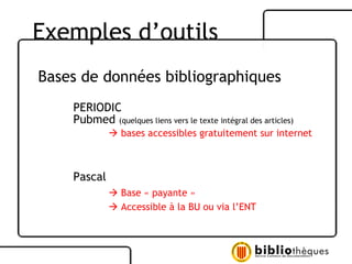 Bases de données bibliographiques PERIODIC Pubmed  (quelques liens vers le texte intégral des articles)    bases accessibles gratuitement sur internet Pascal     Base « payante »    Accessible à la BU ou via l’ENT Exemples d’outils 
