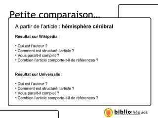 Petite comparaison… A partir de l’article :  hémisphère cérébral Résultat sur Wikipedia  : Qui est l’auteur ? Comment est structuré l’article ? Vous paraît-il complet ? Combien l’article comporte-t-il de références ? Résultat sur Universalis  : Qui est l’auteur ? Comment est structuré l’article ? Vous paraît-il complet ? Combien l’article comporte-t-il de références ? 
