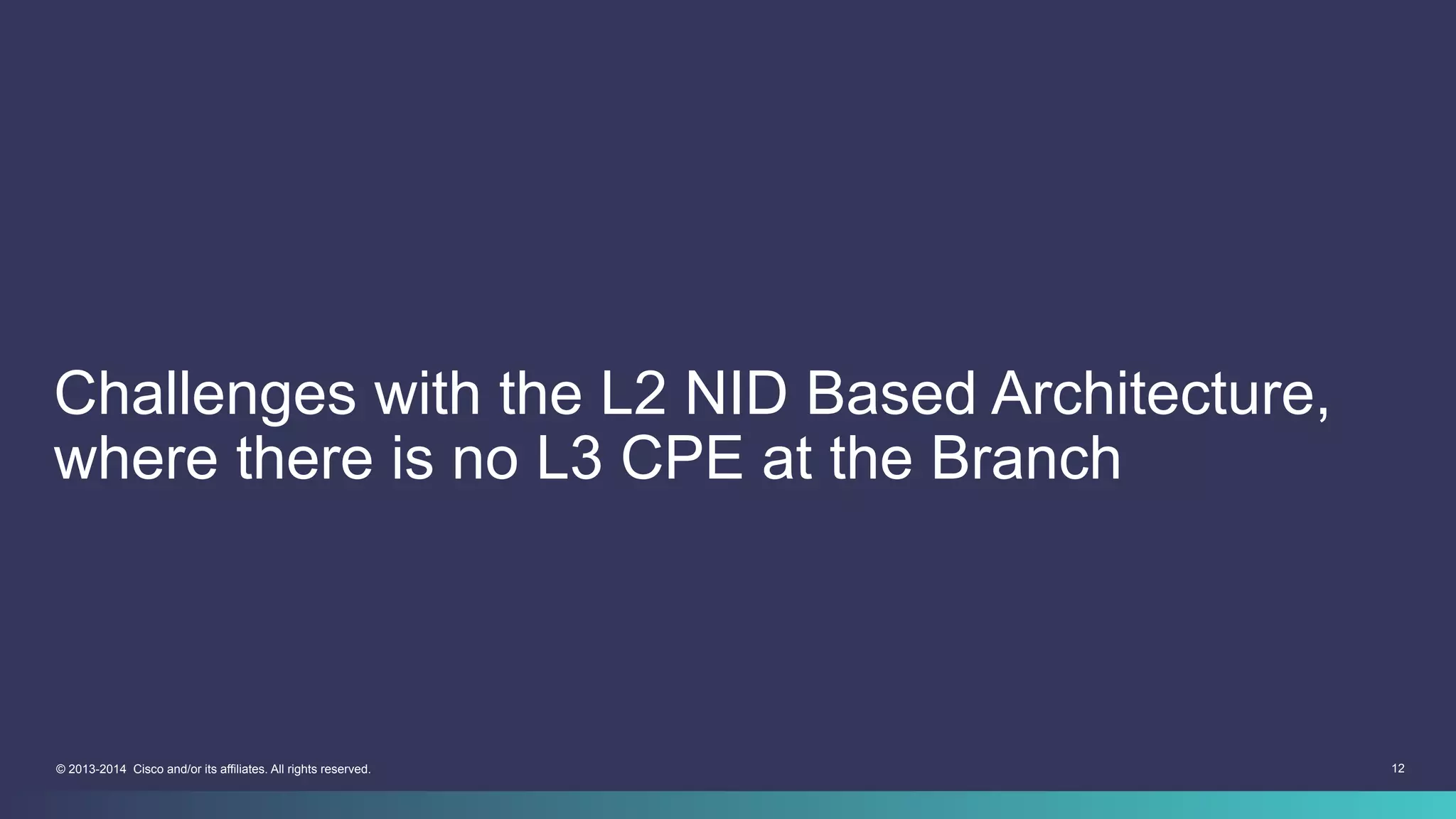 12© 2013-2014 Cisco and/or its affiliates. All rights reserved.
Challenges with the L2 NID Based Architecture,
where there is no L3 CPE at the Branch
 
