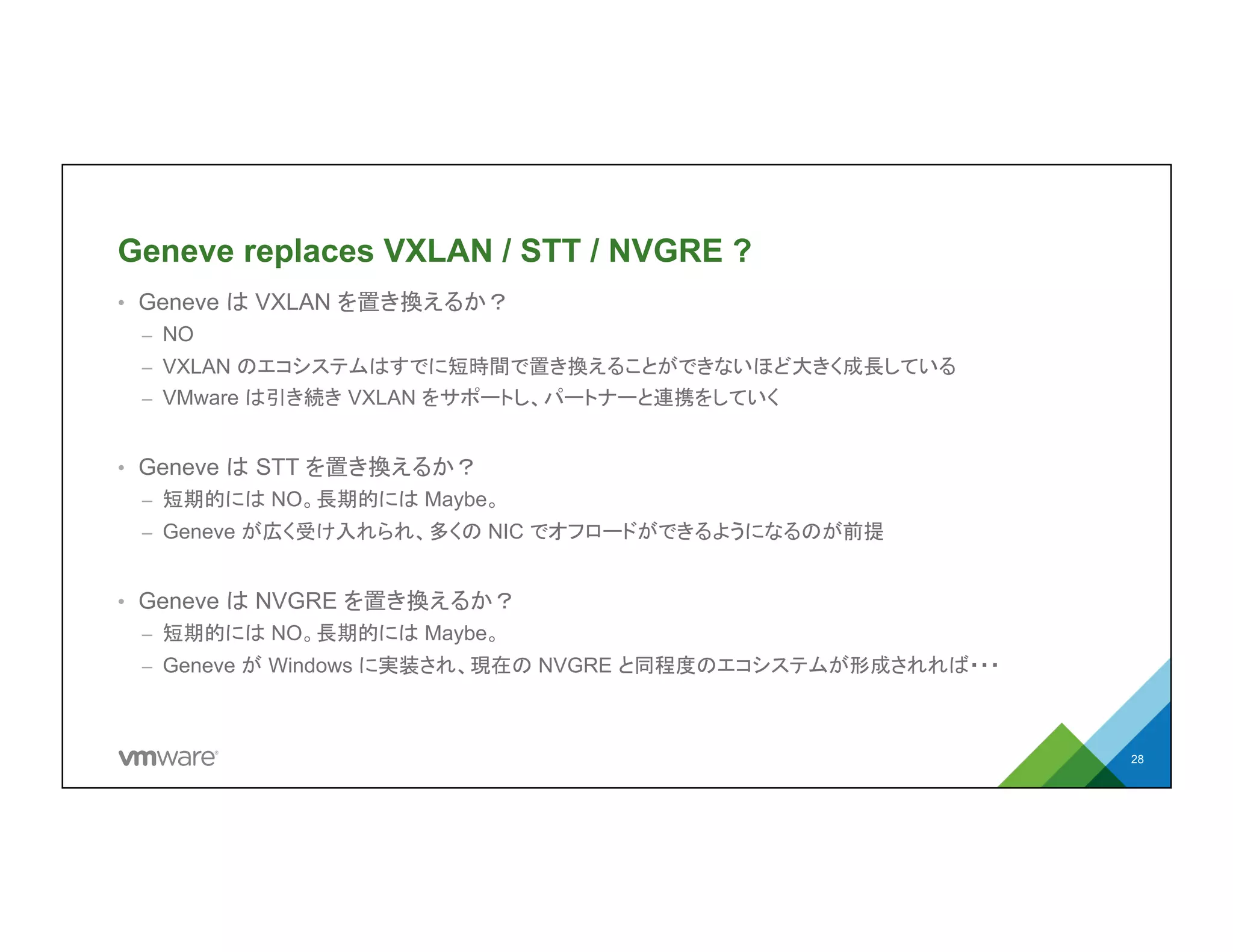 Geneve replaces VXLAN / STT / NVGRE ?
•  Geneve は VXLAN を置き換えるか？
–  NO
–  VXLAN のエコシステムはすでに短時間で置き換えることができないほど大きく成長して
いる
–  VMware は引き続き VXLAN をサポートし、パートナーと連携をしていく
•  Geneve は STT を置き換えるか？
–  短期的には NO。長期的には Maybe。
–  Geneve が広く受け入れられ、多くの NIC でオフロードができるようになるのが前提
•  Geneve は NVGRE を置き換えるか？
–  短期的には NO。長期的には Maybe。
–  Geneve が Windows に実装され、現在の NVGRE と同程度のエコシステムが形成され
れば・・・
28
 