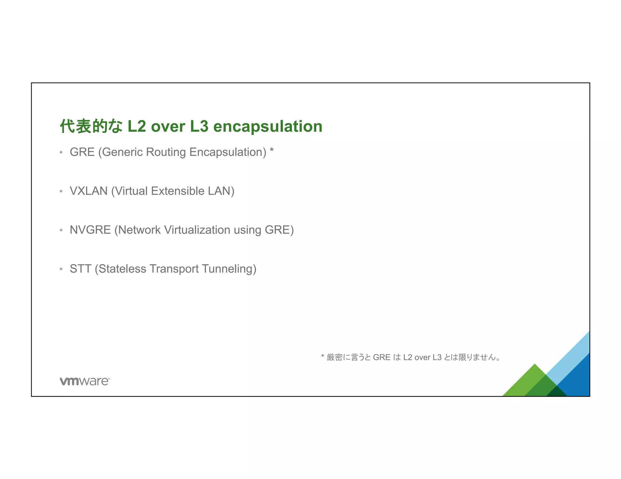代表的な L2 over L3 encapsulation	
•  GRE (Generic Routing Encapsulation) *
•  VXLAN (Virtual Extensible LAN)
•  NVGRE (Network Virtualization using GRE)
•  STT (Stateless Transport Tunneling)
* 厳密に言うと GRE は L2 over L3 とは限りません。
 