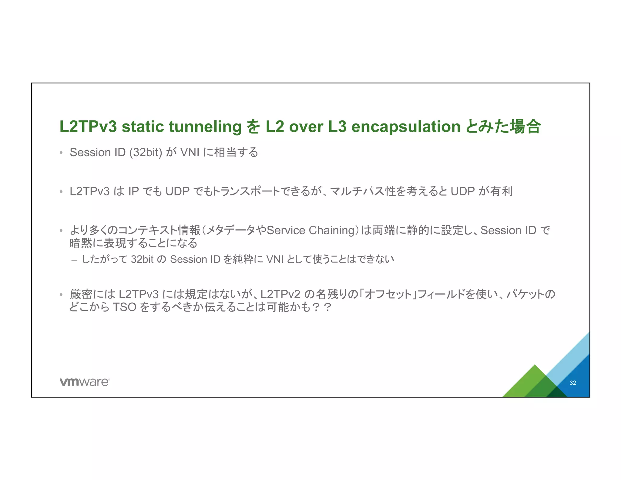 L2TPv3 static tunneling を L2 over L3 encapsulation
とみた場合
•  Session ID (32bit) が VNI に相当する
•  L2TPv3 は IP でも UDP でもトランスポートできるが、マルチパス性を考えると
UDP が有利
•  より多くのコンテキスト情報（メタデータやService Chaining）は両端に静的に設定
し、Session ID で暗黙に表現することになる
–  したがって 32bit の Session ID を純粋に VNI として使うことはできない
•  厳密には L2TPv3 には規定はないが、L2TPv2 の名残りの「オフセット」フィールド
を使い、パケットのどこから TSO をするべきか伝えることは可能かも？？
32
 