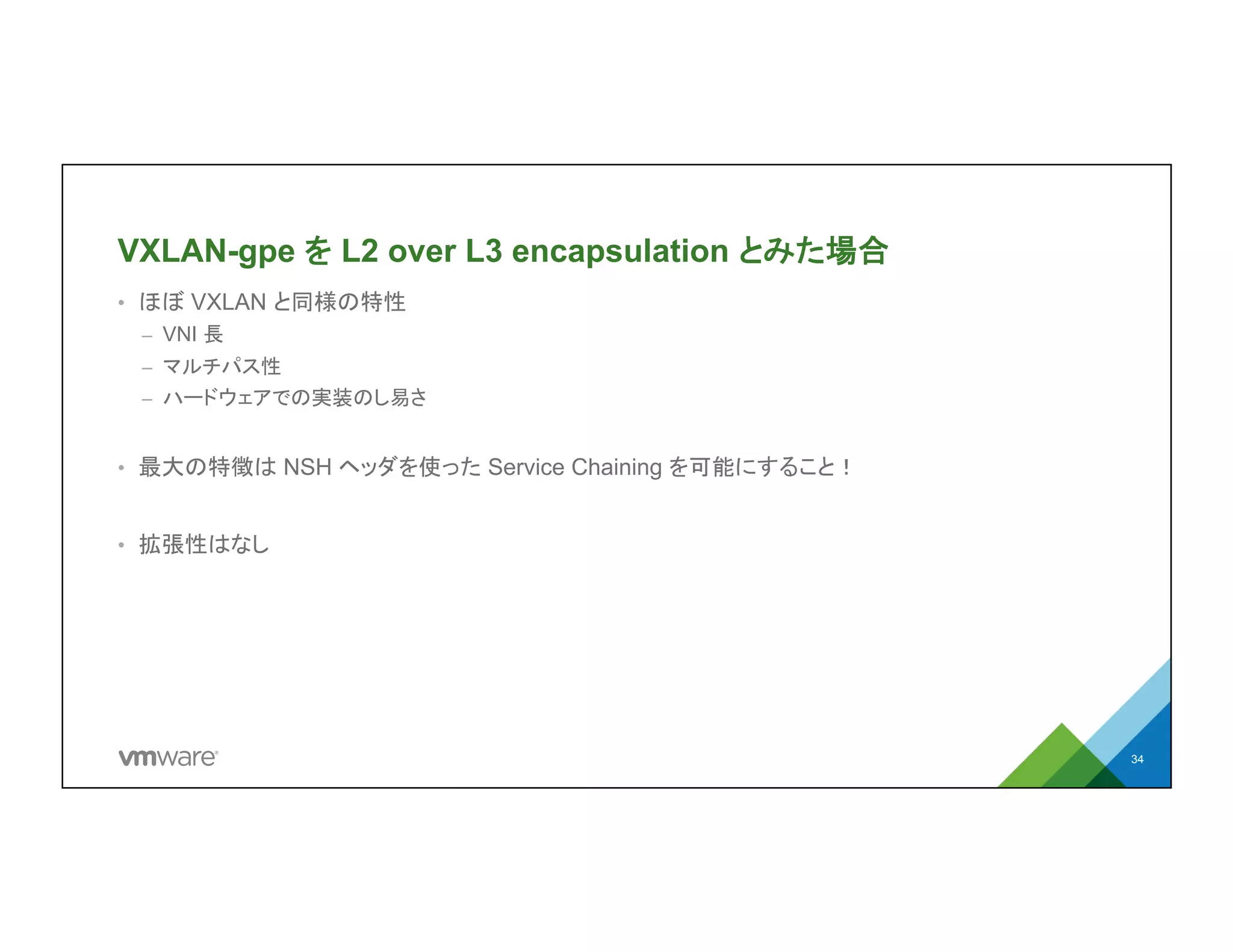 VXLAN-gpe を L2 over L3 encapsulation とみた場合
•  ほぼ VXLAN と同様の特性
–  VNI 長
–  マルチパス性
–  ハードウェアでの実装のし易さ
•  最大の特徴は NSH ヘッダを使った Service Chaining を可能にすること！
•  拡張性はなし
34
 