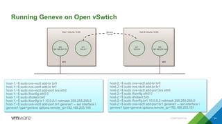 Running Geneve on Open vSwtich
CONFIDENTIAL 24
host-1:~$ sudo ovs-vsctl add-br br0
host-1:~$ sudo ovs-vsctl add-br br1
host-1:~$ sudo ovs-vsctl add-port bra eth0
host-1:~$ sudo ifconfig eth0 0
host-1:~$ sudo dhclient br0
host-1:~$ sudo ifconfig br1 10.0.0.1 netmask 255.255.255.0
host-1:~$ sudo ovs-vsctl add-port br1 geneve1 -- set interface 
geneve1 type=geneve options:remote_ip=192.168.203.149
host-2:~$ sudo ovs-vsctl add-br br0
host-2:~$ sudo ovs-vsctl add-br br1
host-2:~$ sudo ovs-vsctl add-port bra eth0
host-2:~$ sudo ifconfig eth0 0
host-2:~$ sudo dhclient br0
host-2:~$ sudo ifconfig br1 10.0.0.2 netmask 255.255.255.0
host-2:~$ sudo ovs-vsctl add-port br1 geneve1 -- set interface 
geneve1 type=geneve options:remote_ip=192.168.203.151
 