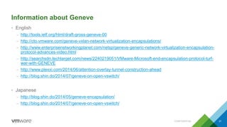 Information about Geneve
• English
– http://tools.ietf.org/html/draft-gross-geneve-00
– http://cto.vmware.com/geneve-vxlan-network-virtualization-encapsulations/
– http://www.enterprisenetworkingplanet.com/netsp/geneve-generic-network-virtualization-encapsulation-
protocol-advances-video.html
– http://searchsdn.techtarget.com/news/2240219051/VMware-Microsoft-end-encapsulation-protocol-turf-
war-with-GENEVE
– http://www.plexxi.com/2014/06/attention-overlay-tunnel-construction-ahead
– http://blog.shin.do/2014/07/geneve-on-open-vswitch/
• Japanese
– http://blog.shin.do/2014/05/geneve-encapsulation/
– http://blog.shin.do/2014/07/geneve-on-open-vswitch/
CONFIDENTIAL 27
 