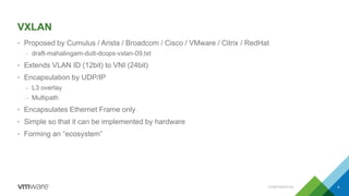 VXLAN
• Proposed by Cumulus / Arista / Broadcom / Cisco / VMware / Citrix / RedHat
– draft-mahalingam-dutt-dcops-vxlan-09.txt
• Extends VLAN ID (12bit) to VNI (24bit)
• Encapsulation by UDP/IP
– L3 overlay
– Multipath
• Encapsulates Ethernet Frame only
• Simple so that it can be implemented by hardware
• Forming an “ecosystem”
CONFIDENTIAL 4
 