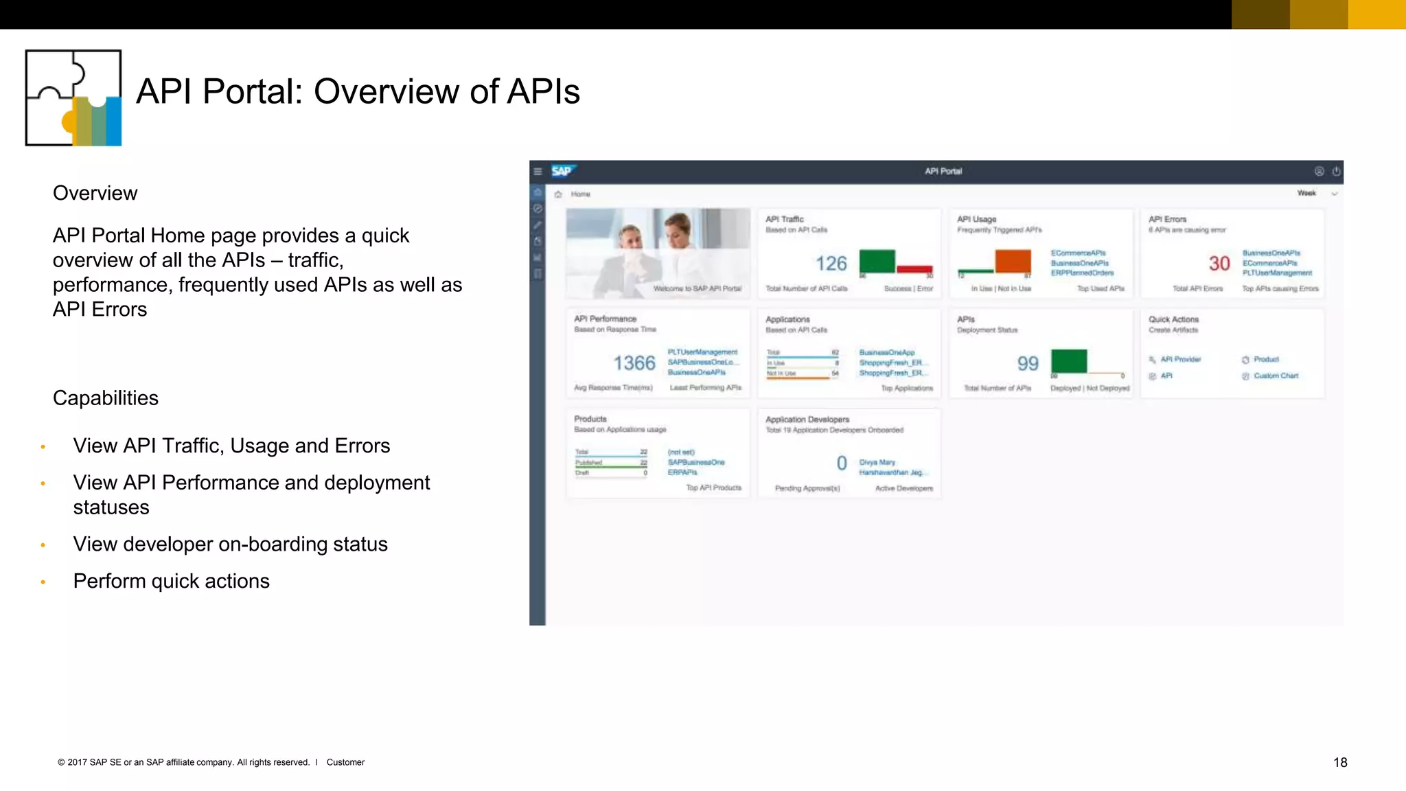 18Customer© 2017 SAP SE or an SAP affiliate company. All rights reserved. ǀ
API Portal: Overview of APIs
• View API Traffic, Usage and Errors
• View API Performance and deployment
statuses
• View developer on-boarding status
• Perform quick actions
API Portal Home page provides a quick
overview of all the APIs – traffic,
performance, frequently used APIs as well as
API Errors
Capabilities
Overview
 