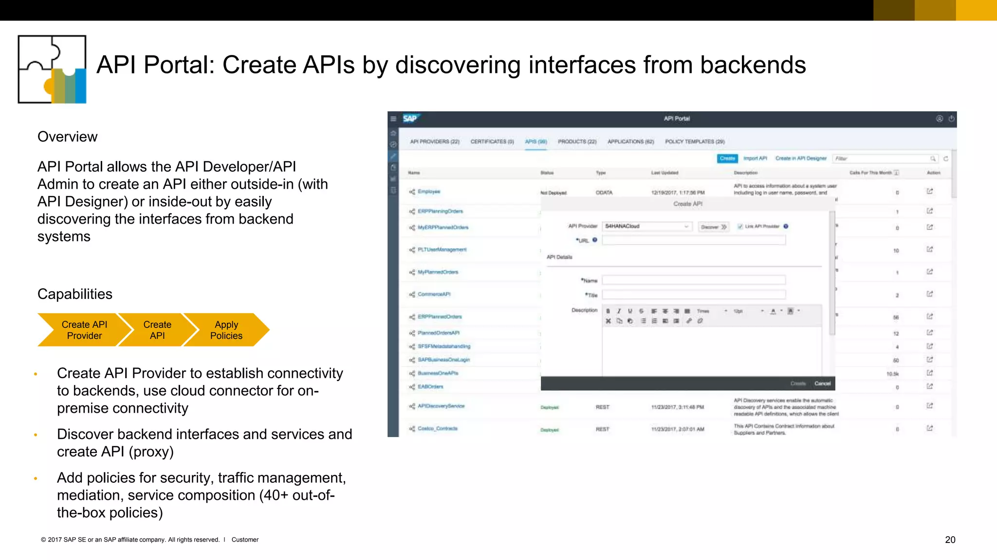 20Customer© 2017 SAP SE or an SAP affiliate company. All rights reserved. ǀ
API Portal: Create APIs by discovering interfaces from backends
• Create API Provider to establish connectivity
to backends, use cloud connector for on-
premise connectivity
• Discover backend interfaces and services and
create API (proxy)
• Add policies for security, traffic management,
mediation, service composition (40+ out-of-
the-box policies)
API Portal allows the API Developer/API
Admin to create an API either outside-in (with
API Designer) or inside-out by easily
discovering the interfaces from backend
systems
Capabilities
Overview
Create API
Provider
Create
API
Apply
Policies
 