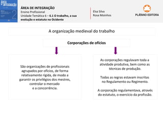 ÁREA DE INTEGRAÇÃO

Ensino Profissional
Unidade Temática 6 – 6.1 O trabalho, a sua
evolução e estatuto no Ocidente

Elsa Silva
Rosa Moinhos

A organização medieval do trabalho
Corporações de ofícios

São organizações de profissionais
agrupados por ofícios, de forma
relativamente rígida, de modo a
garantir os privilégios dos mestres,
controlar o mercado
e a concorrência.

As corporações regulavam toda a
atividade produtiva, bem como as
técnicas de produção.
Todas as regras estavam inscritas
no Regulamento ou Regimento.
A corporação regulamentava, através
do estatuto, o exercício da profissão.

 