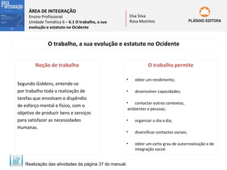 ÁREA DE INTEGRAÇÃO

Elsa Silva
Rosa Moinhos

Ensino Profissional
Unidade Temática 6 – 6.1 O trabalho, a sua
evolução e estatuto no Ocidente

O trabalho, a sua evolução e estatuto no Ocidente
Noção de trabalho
Segundo Giddens, entende-se
por trabalho toda a realização de
tarefas que envolvam o dispêndio
de esforço mental e físico, com o
objetivo de produzir bens e serviços
para satisfazer as necessidades
Humanas.

O trabalho permite
•

obter um rendimento;

•

desenvolver capacidades;

•
contactar outros contextos,
ambientes e pessoas;
•

organizar o dia a dia;

•

diversificar contactos sociais;

•

obter um certo grau de autorrealização e de
integração social.

Realização das atividades da página 37 do manual.

 