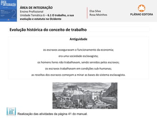 ÁREA DE INTEGRAÇÃO

Ensino Profissional
Unidade Temática 6 – 6.1 O trabalho, a sua
evolução e estatuto no Ocidente

Elsa Silva
Rosa Moinhos

Evolução histórica do conceito de trabalho
Antiguidade
os escravos asseguravam o funcionamento da economia;
era uma sociedade esclavagista;
os homens livres não trabalhavam, sendo servidos pelos escravos;
os escravos trabalhavam em condições sub-humanas;
as revoltas dos escravos começam a minar as bases do sistema esclavagista.

Realização das atividades da página 41 do manual.

 