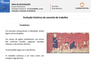 ÁREA DE INTEGRAÇÃO

Ensino Profissional
Unidade Temática 6 – 6.1 O trabalho, a sua
evolução e estatuto no Ocidente

Elsa Silva
Rosa Moinhos

Evolução histórica do conceito de trabalho
Feudalismo
•os escravos conquistaram a liberdade, sendo
agora servos da gleba;
•os servos da gleba trabalhavam nas terras
dos senhores feudais, pagavam pesados
tributos e não tinham direitos;
•à escravidão seguiu-se o servilismo;
•o trabalho continua a ser visto como um
castigo e algo penoso.

 