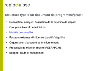 Structure type d’un document de programme/projet
• Description, analyse, évaluation de la situation de départ
• Groupes cibles et bénéficiaires
• Modèle de causalité
• Facteurs externes d’influence (positifs/négatifs)
• Organisation : structure et fonctionnement
• Processus de mise en œuvre (PSER=PCM)
• Budget : coûts et financement
 