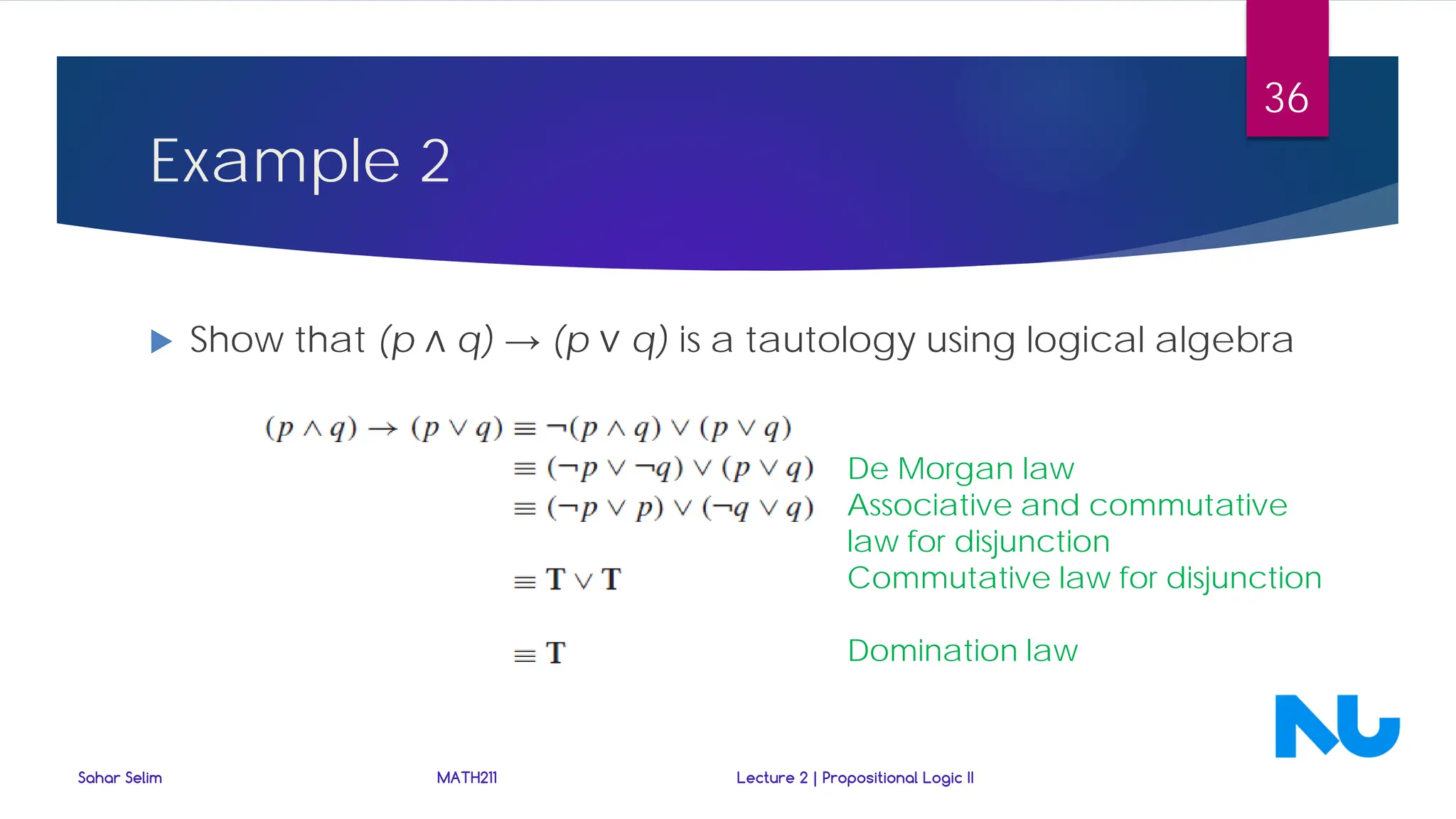 Example 2
 Show that (p ∧ q) → (p ∨ q) is a tautology using logical algebra
De Morgan law
Associative and commutative
law for disjunction
Commutative law for disjunction
Domination law
Sahar Selim MATH211 Lecture 2 | Propositional Logic II
36
 