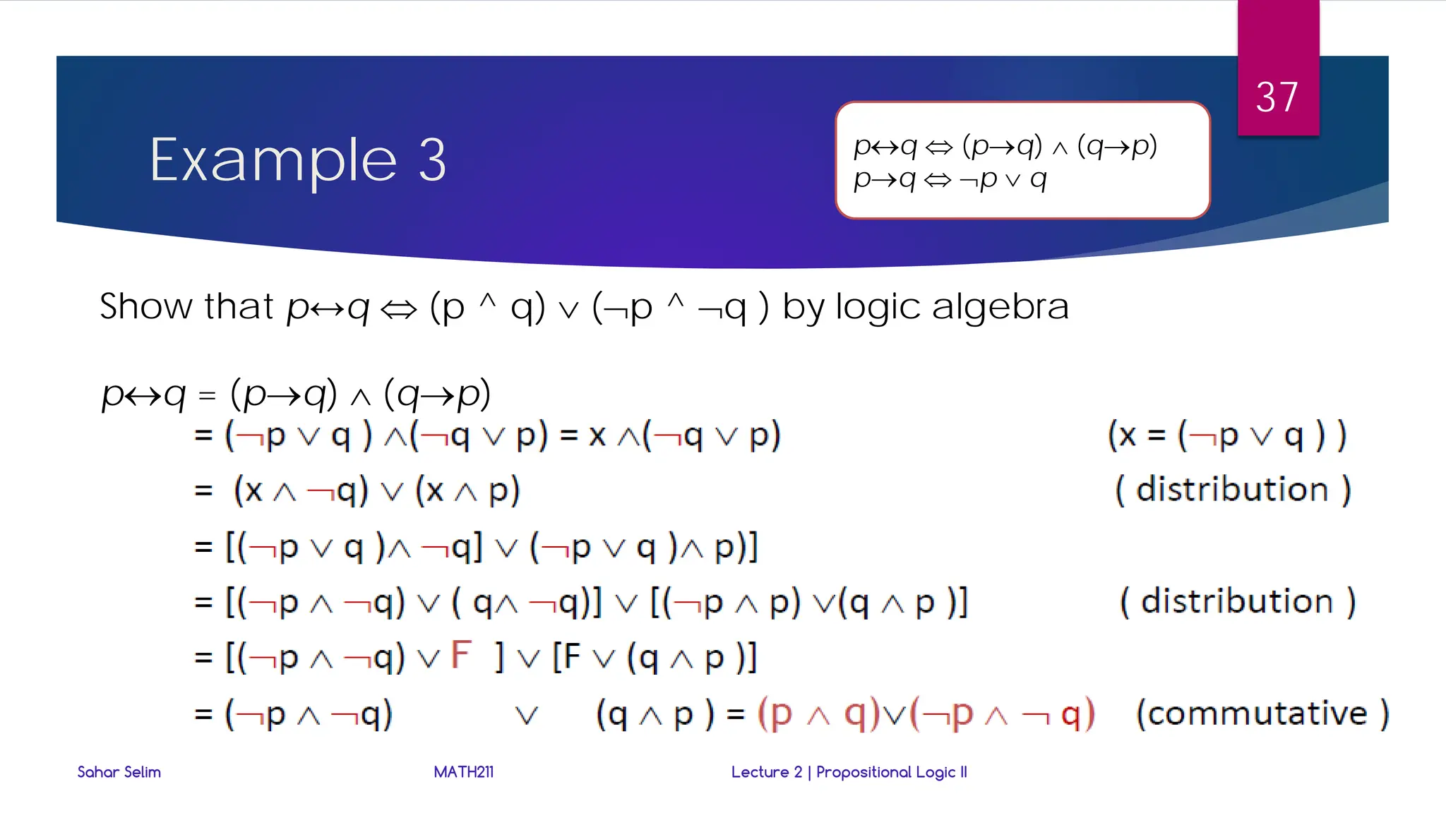 Example 3
Show that p↔q ⇔ (p ^ q) ∨ (¬p ^ ¬q ) by logic algebra
p↔q = (p→q) ∧ (q→p)
p↔q ⇔ (p→q) ∧ (q→p)
p→q ⇔ ¬p ∨ q
Sahar Selim MATH211 Lecture 2 | Propositional Logic II
37
 