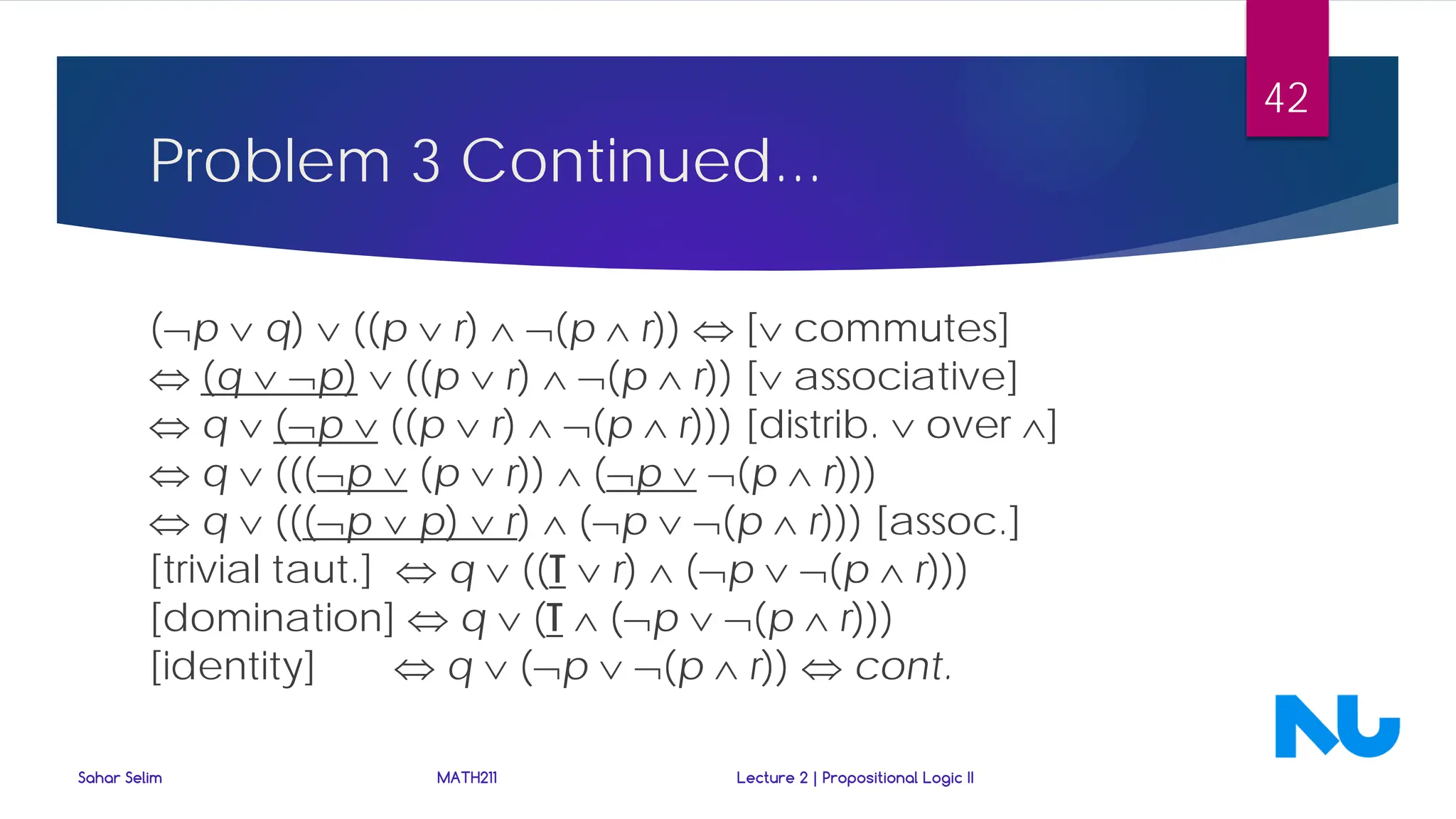 Problem 3 Continued...
(¬p ∨ q) ∨ ((p ∨ r) ∧ ¬(p ∧ r)) ⇔ [∨ commutes]
⇔ (q ∨ ¬p) ∨ ((p ∨ r) ∧ ¬(p ∧ r)) [∨ associative]
⇔ q ∨ (¬p ∨ ((p ∨ r) ∧ ¬(p ∧ r))) [distrib. ∨ over ∧]
⇔ q ∨ (((¬p ∨ (p ∨ r)) ∧ (¬p ∨ ¬(p ∧ r)))
⇔ q ∨ (((¬p ∨ p) ∨ r) ∧ (¬p ∨ ¬(p ∧ r))) [assoc.]
[trivial taut.] ⇔ q ∨ ((T ∨ r) ∧ (¬p ∨ ¬(p ∧ r)))
[domination] ⇔ q ∨ (T ∧ (¬p ∨ ¬(p ∧ r)))
[identity] ⇔ q ∨ (¬p ∨ ¬(p ∧ r)) ⇔ cont.
Sahar Selim MATH211 Lecture 2 | Propositional Logic II
42
 