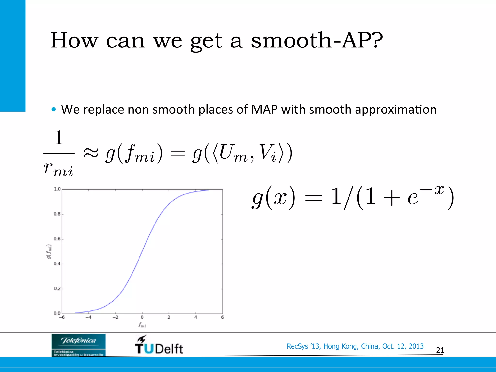 21
RecSys ’13, Hong Kong, China, Oct. 12, 2013
How can we get a smooth-AP?
• We	
  replace	
  non	
  smooth	
  places	
  of	
  MAP	
  with	
  smooth	
  approxima>on	
  
g(x) = 1/(1 + e x
)
1
rmi
⇡ g(fmi) = g(hUm, Vii)
 